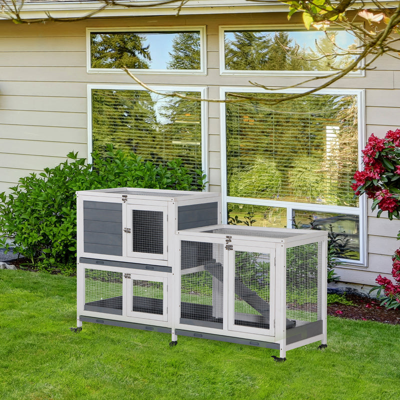 Wooden Rabbit Hutch Elevated Pet House Bunny Cage Small Animal Habitat with Slide-out Tray Lockable Door Openable Top for Indoor 58
