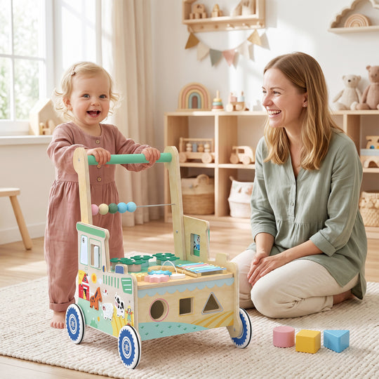 Wooden Baby Walker for 1-3 Year, Montessori Inspired Push Along Walker Toys, Multifunctional Activity Centre