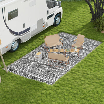 Reversible Outdoor Rug Waterproof Plastic Straw RV Rug with Carry Bag, 9' x 18', Grey and Cream White Boho