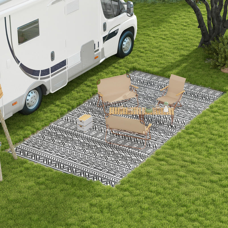 Reversible Outdoor Rug Waterproof Plastic Straw RV Rug with Carry Bag, 9' x 18', Grey and Cream White Boho