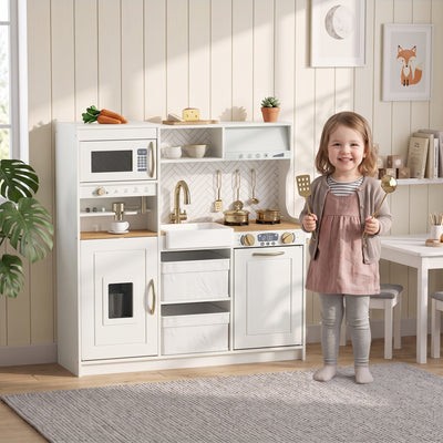 Qaba Play Kitchen, Kids Kitchen Playset with Coffee Machine, Ice Maker, Microwave, Oven, Storage, Gift for Toddlers 3+, White