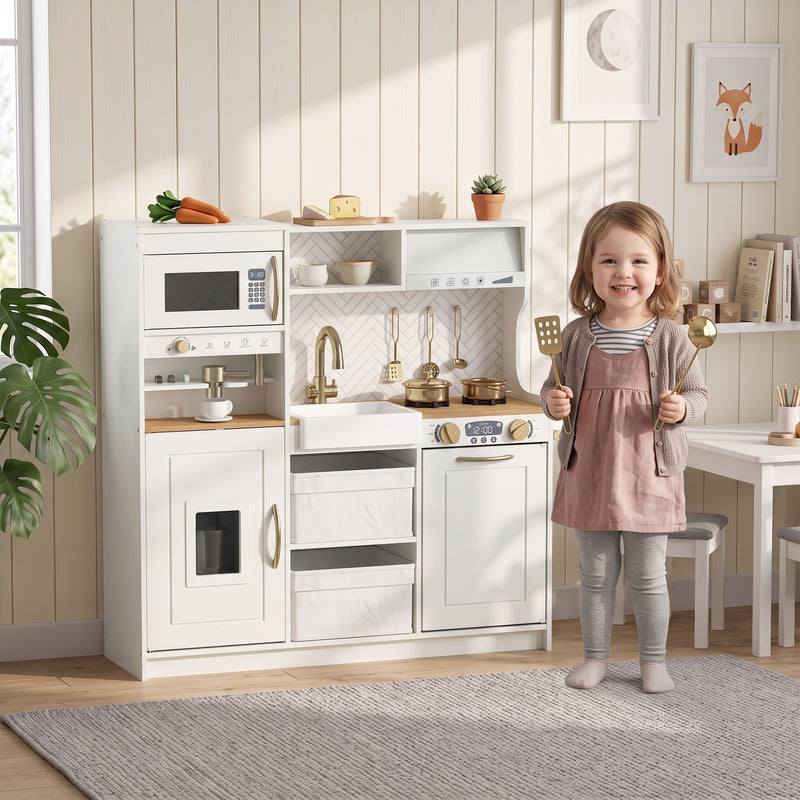 Qaba Play Kitchen, Kids Kitchen Playset with Coffee Machine, Ice Maker, Microwave, Oven, Storage, Gift for Toddlers 3+, White