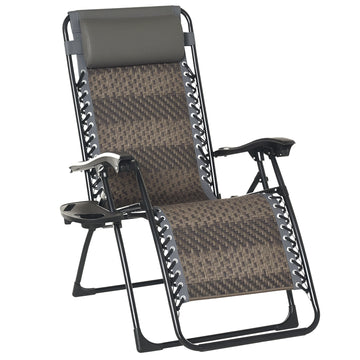 Wicker Folding Lounge Chair with Adjustable Backrest, Rattan Recliner Chair with Headrest & Side Table Tray, Grey