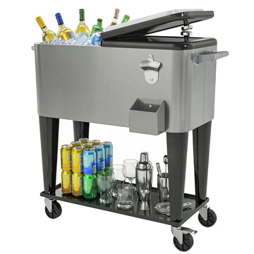 80 Quart Rolling Patio Cooler Cart with Storage Shelf, Patio Cooler with Locking Wheels, Bottle Opener & Cap Catcher