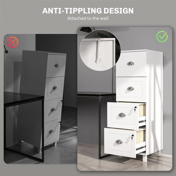 4 Drawer File Cabinet with Lock, Office Filing Cabinet, A4 Letter Size, Hanging File Folders, White