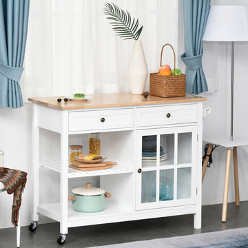 Kitchen Cart on Wheels, Utility Storage Island with Rubber Wood Top, Towel Rack, Cabinets, Drawers, White