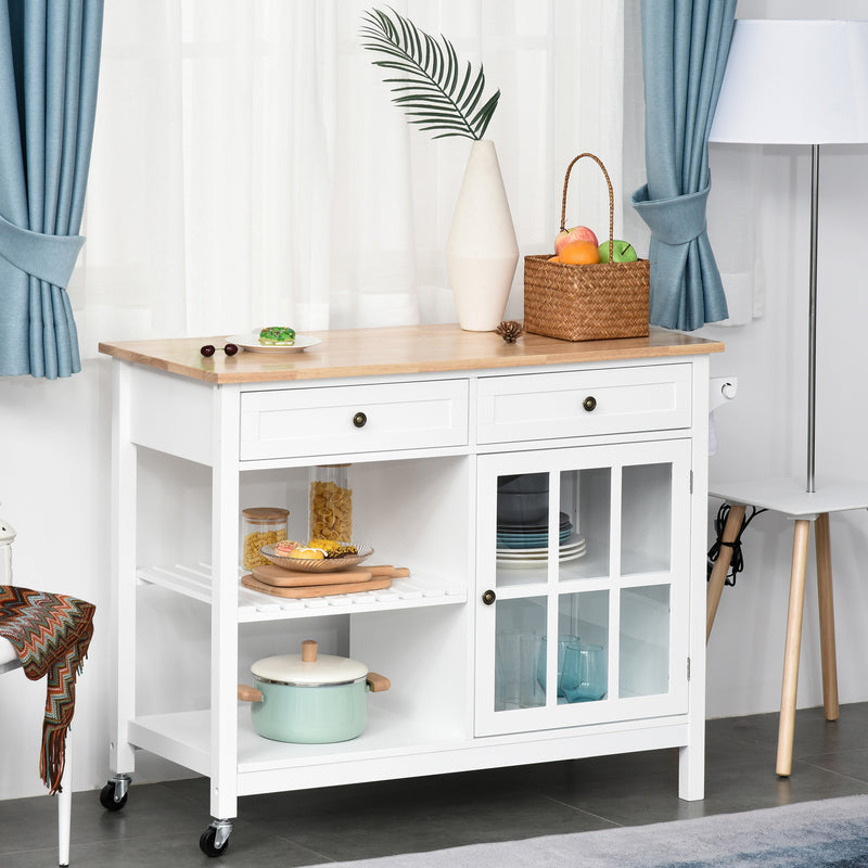 Kitchen Cart on Wheels, Utility Storage Island with Rubber Wood Top, Towel Rack, Cabinets, Drawers, White