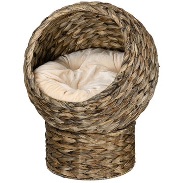 Wicker Cat Bed with Cushion, Stand, for Indoor Cats, Dark Brown