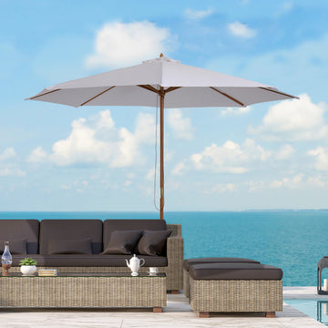 10' x 8' Bamboo Wooden Round Market Patio Sun Umbrella, Garden Parasol, Outdoor Sunshade Canopy, White