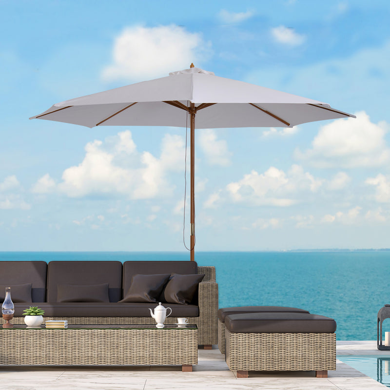 10' x 8' Bamboo Wooden Round Market Patio Sun Umbrella, Garden Parasol, Outdoor Sunshade Canopy, White