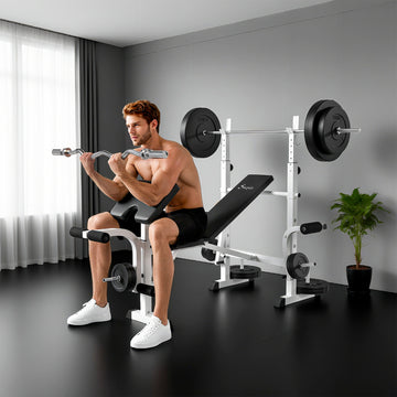 Soozier Bench Press Set Adjustable Weight Bench with Squat Rack, Preacher Curl Pad, Leg Developer and Weight Storage