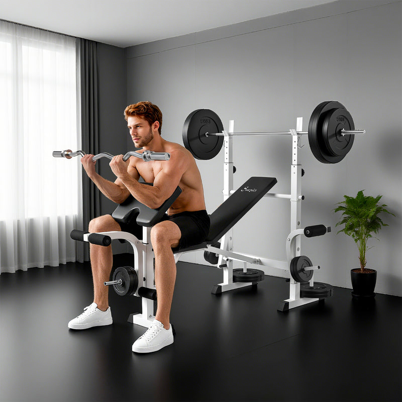 Soozier Bench Press Set Adjustable Weight Bench with Squat Rack, Preacher Curl Pad, Leg Developer and Weight Storage