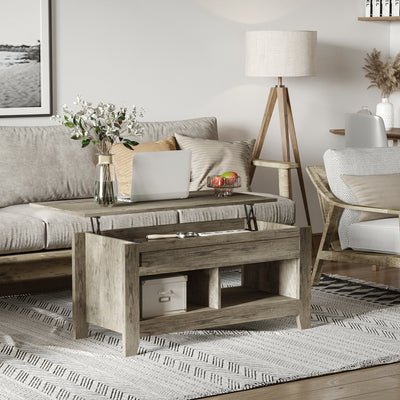 Lift Top Coffee Table with Hidden Storage Compartment and Open Shelves, Lift Tabletop Pop-Up Center Table for Living Room, Oak