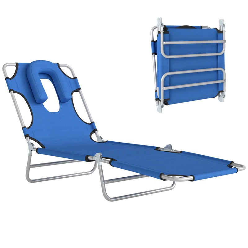 Outdoor Lounge Chair, Adjustable Folding Chaise Lounge with Face Cavity, Tanning Chair Sun Lounger Bed Recliner, Blue
