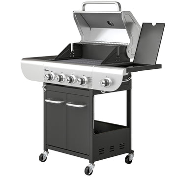 4 Burner Propane Gas Grill with Side Burner, 53,000 BTU BBQ Grill with Cast Iron Grates, Wheels, Warming Rack, Cabinet