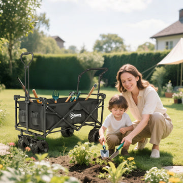 80L Folding Wagon Cart with Wheels, Heavy-Duty Collapsible Wagon with Removable Canopy, Adjustable Handle, Black