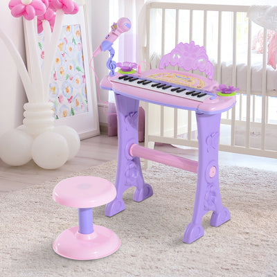 Qaba Kids Piano Electronic Keyboard Instrument with Microphone and Stool 32 Keys Musical Toy Organ Educational Gift for Children Pink