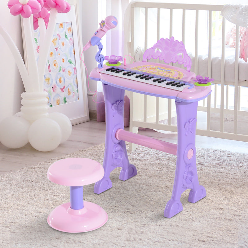 Qaba Kids Piano Electronic Keyboard Instrument with Microphone and Stool 32 Keys Musical Toy Organ Educational Gift for Children Pink