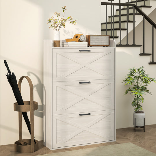 Narrow Shoe Storage Cabinet Farmhouse Shoe Cabinet with 3 Flip Drawers Adjustable Shelves for Entryway White Oak