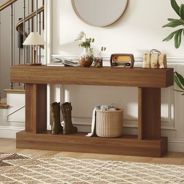 63 Inch Long Console Table, Vintage Narrow Entryway Table with Storage Shelf for Living Room and Hallway, Dark Brown