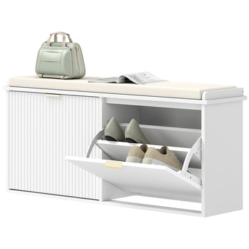 Entryway Bench with Padded Seat and Flip-Drawers, Holds up to 529lbs, Shoe Storage Bench for 10 Pairs of Shoes, White