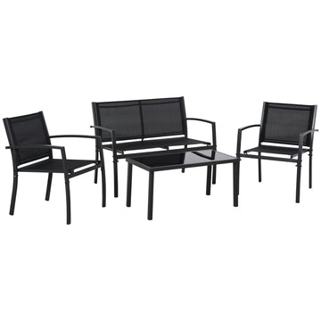 4-Piece Patio Furniture Set with Glass Top Coffee Table, Breathable Mesh Seat & Backrest for Garden, Balcony, Black