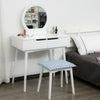 Makeup Vanity Desk with Round Mirror and 2 Drawers, Dressing Table with Cushioned Stool Set for Bedroom (White)