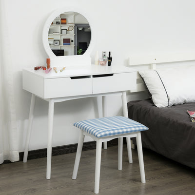 Makeup Vanity Desk with Round Mirror and 2 Drawers, Dressing Table with Cushioned Stool Set for Bedroom (White)