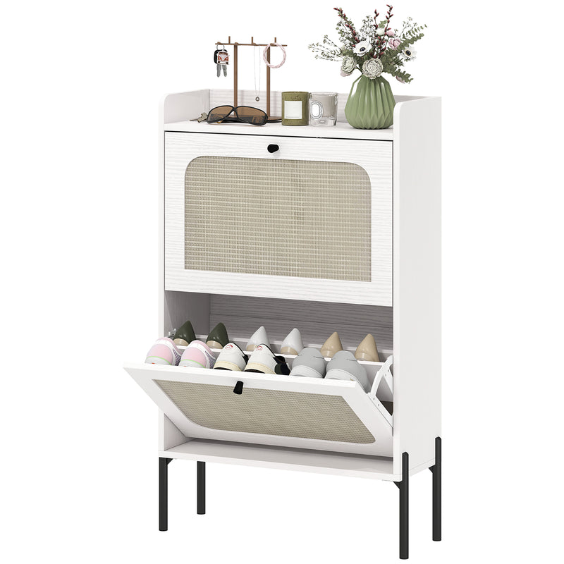 Shoe Cabinet with 2 Flip Drawers, Boho Narrow Shoe Storage Cabinet, White