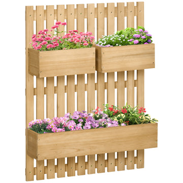 3 Box Raised Garden Bed with Trellis, Wall-Mounted Wood Planter Box Set with Drainage Hole for Flowers, Climbing Plants