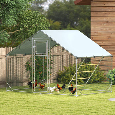 Large Metal Chicken Run with Waterproof & UV-Resistant Cover, Feeding Door, Hanging Feeder, Perch for 6-8 Chickens