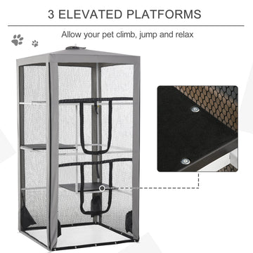 Grande cage pour chat de 79 po, abri extérieur pour chatons, enclos pour animaux de compagnie intérieur avec 3 plateformes, porte et 4 sacs de sable - Gris