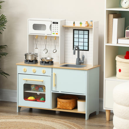 Pretend Play Kitchen, Kids Kitchen Playset with Stove Microwave Oven, Turning Knobs, Cooking Accessories, Blue