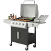 4+1 Burner Liquid Propane Gas Grill Outdoor Cabinet Style BBQ Trolley w/ Side Burner, Warming Rack, Side Shelf, Storage Cabinet, Thermometer, 4 Wheels, Carbon Steel