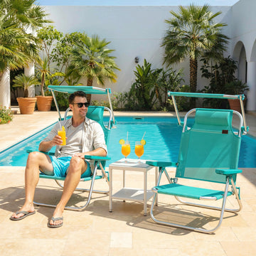 2 Piece Folding Beach Chairs with Adjustable Canopy, 6-Position Reclining Lounge Chair with Headrest, Turquoise