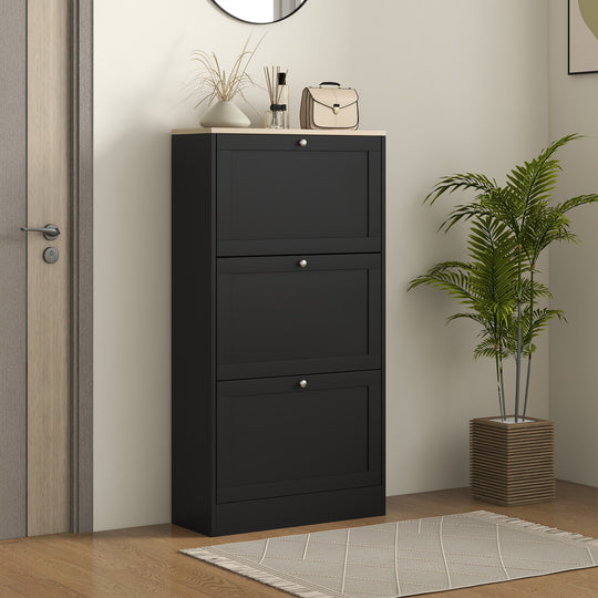 Modern Shoe Storage with 3 Flip Drawers and Adjustable Shelves, Shoe Cabinet Organizer for 12-18 Pairs of Shoes, Black