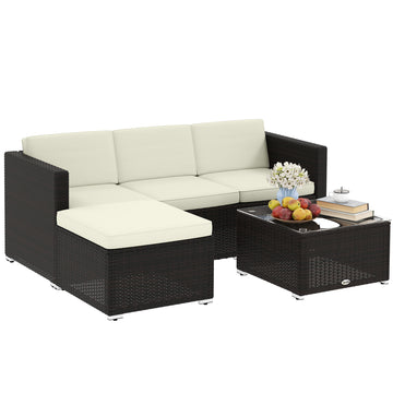 3 Pieces Patio Furniture Set with Cushions, Outdoor PE Rattan Wicker Conversation Corner Sofa Set with Glass Top Table and Adjustable Foot for Garden, Lawn, Cream White