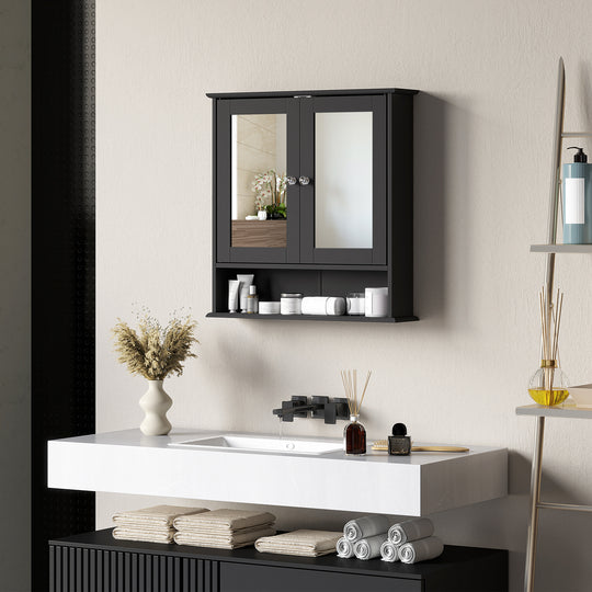 Medicine Cabinet, Wall-Mounted Medicine Cabinet with Mirror with Double Doors, Open Shelf, and Adjustable Shelf, Modern Bathroom Wall Cabinet, Black