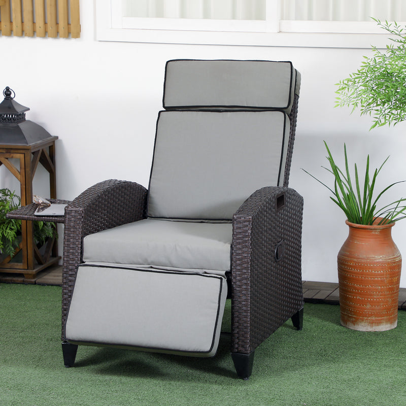 Wicker Recliner Chair with Adjustable Backrest and Footrest, Washable Cushion, Side Tray