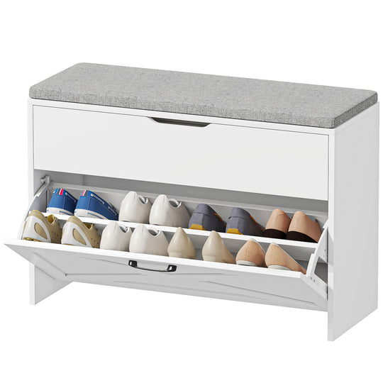Shoe Storage Bench with Flip Drawer and Lift Top Storage, Entryway Bench with Seat Cushion for Hallway, White