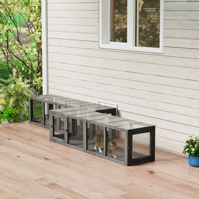 Outdoor Cat Tunnel, Wooden Play Cat Enclosure, Extendable Pet Run with 3 Doors, for Indoor and Outdoor Use, Grey