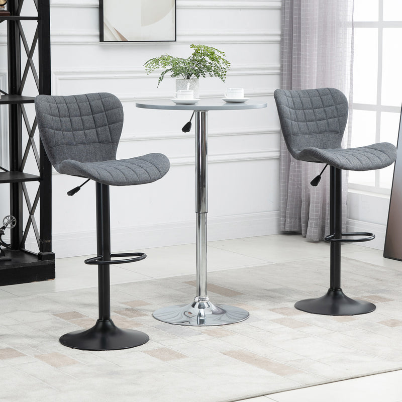 Bar Stools Set of 2, Adjustable Height Swivel Bar Chairs, Linen-feel Fabric Upholstered Kitchen Counter Stools with Wide Seat, Back and Footrest, Grey