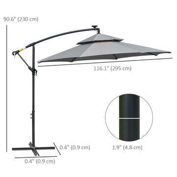10FT Cantilever Patio Umbrella with Lights Solar Powered Offset Umbrella with Crank and Cross Base for Deck Light Grey