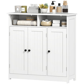 Bathroom Floor Cabinet, Freestanding Bathroom Storage Unit with 3 Doors, 2 Open Shelves and Adjustable Shelf, White