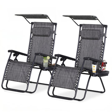 2 Piece Foldable Lounge Chair with Canopy Shade, Outdoor Zero Gravity Chair w/ Side Tray & Cup Holder, Reclining Lounger w/ Breathable Mesh Fabric Seat, Pillow, Dark Grey