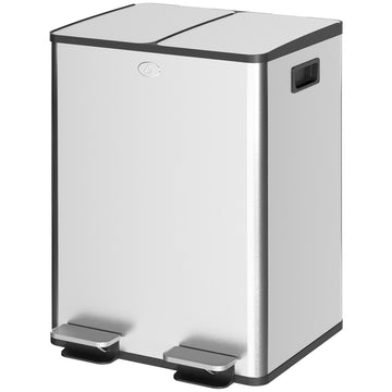 Dual Garbage Bin, Soft-Close Trash Can with Foot Pedal, 2 x 20 Liter Garbage Can with Removable Inner Buckets, Silver