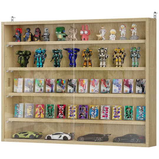 5-storey Display Cabinet, Shot Glass Display Case, Glass Curio Cabinet with 2 Glass Doors and 4 Adjustable Shelves, Oak