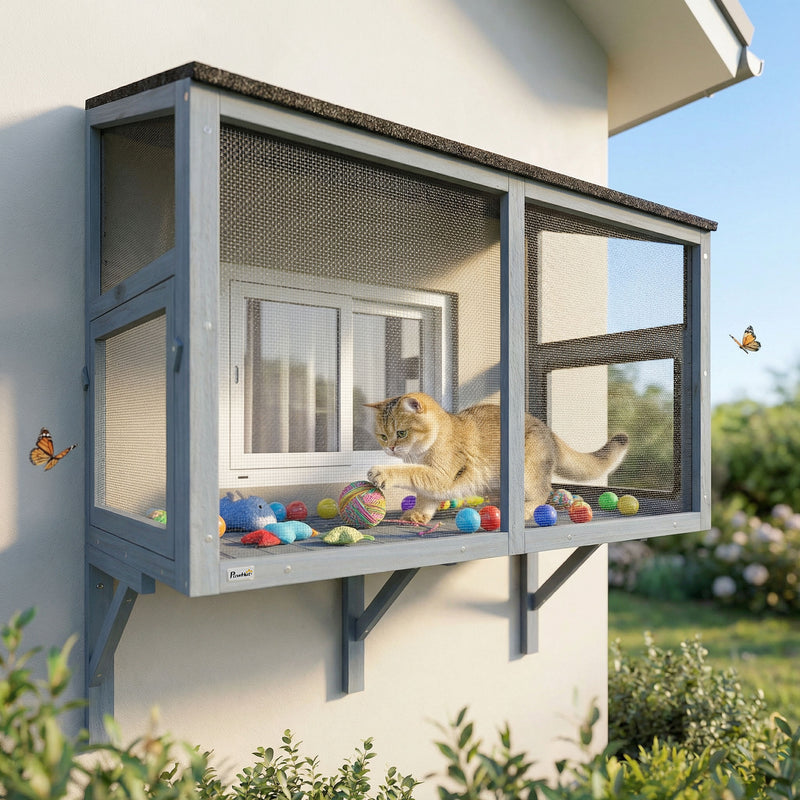 Catio Outdoor Cat Enclosure Expandable Wooden Cat House with 2 Doors for Window, 39.4