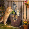 4-Tier Outdoor Fountain with Planter, Cascading Waterfall Feature with LED Lights, Rustic Brown and Grey