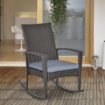 Outdoor PE Rattan Rocking Chair, Garden Glider Rocking Chair, Wicker Patio Chair Set with Armrest and Cushion, Grey